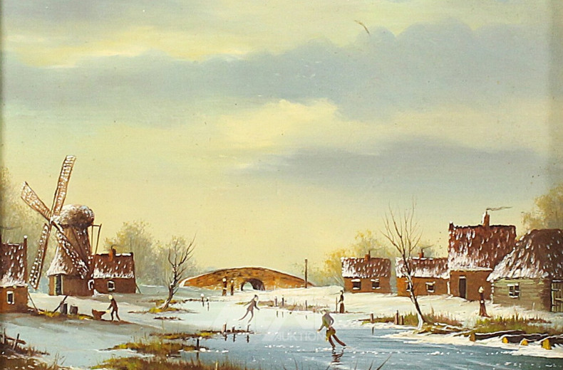 Gemälde 'Dorfansicht im Winter mit Eisläufer', 20. Jh.