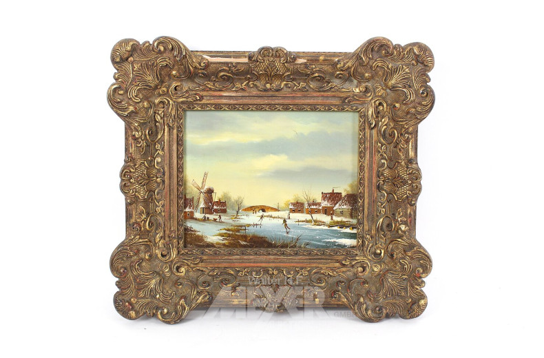 Gemälde 'Dorfansicht im Winter mit Eisläufer', 20. Jh.