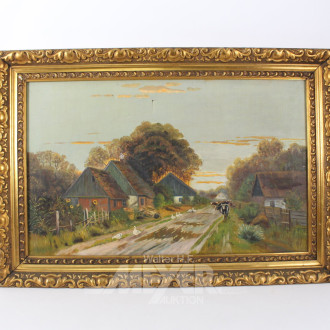 Gemälde "Dorfstraße mit freilaufenden Gänsen und Kühen"