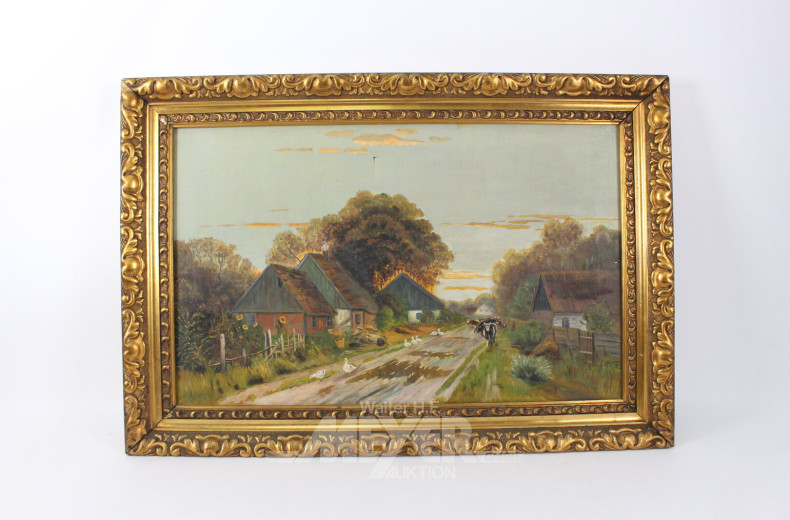 Gemälde "Dorfstraße mit freilaufenden Gänsen und Kühen"