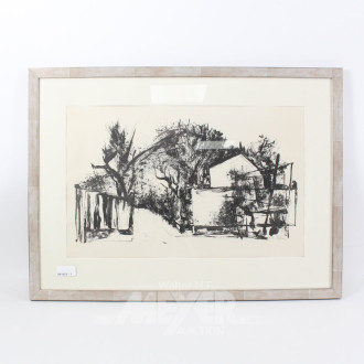 Lithographie "Haus mit Bäumen"