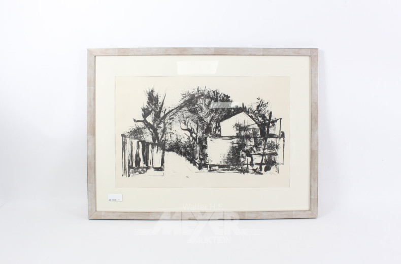 Lithographie "Haus mit Bäumen"