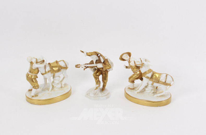 3 Porz.- Figuren "Störrische Esel" - "Narr mit Geige"