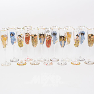 13 Sektgläser, nach Gustav Klimt