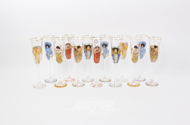 13 Sektgläser, nach Gustav Klimt