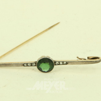 Stabbrosche mit grünm Farbstein u. 6 kl. Diamantrosen
