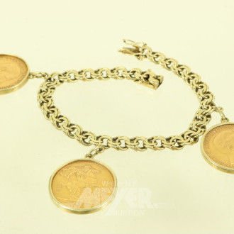 Flachpanzerarmband mit 3 versch. Goldmünzen-Anhänger
