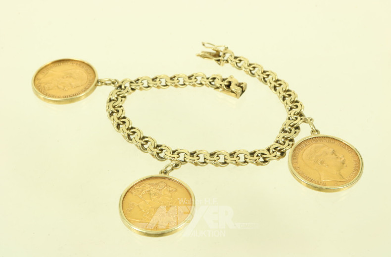 Flachpanzerarmband mit 3 versch. Goldmünzen-Anhänger