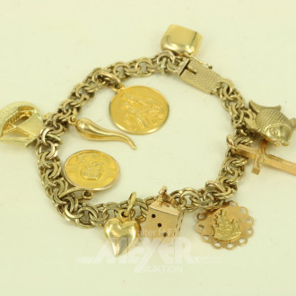 Bettelarmband in 333 GG mit 10 versch. Anhängern, davon 7x 750 GG, 2x 333 GG u. 1x 585 GG