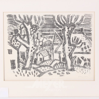 Paar Lithographien 'Häuserlandschaft' u. 'Fischer mit Netzen'