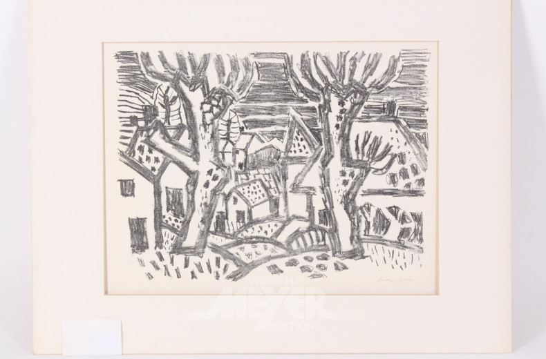 Paar Lithographien 'Häuserlandschaft' u. 'Fischer mit Netzen'
