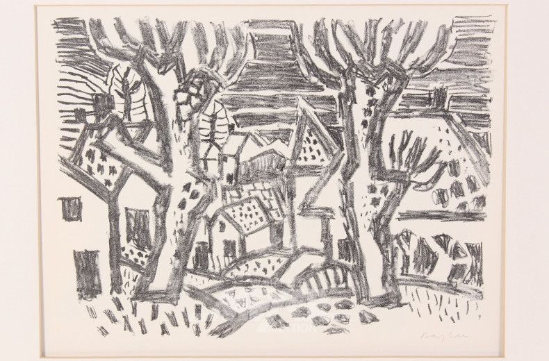 Paar Lithographien 'Häuserlandschaft' u. 'Fischer mit Netzen'