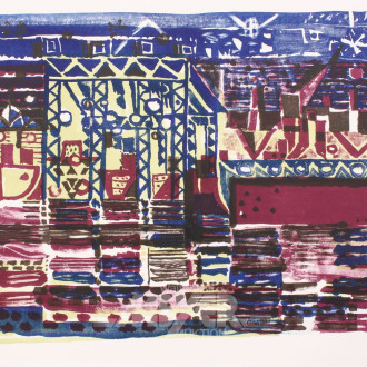Farbithographie 'Werft bei Nacht'