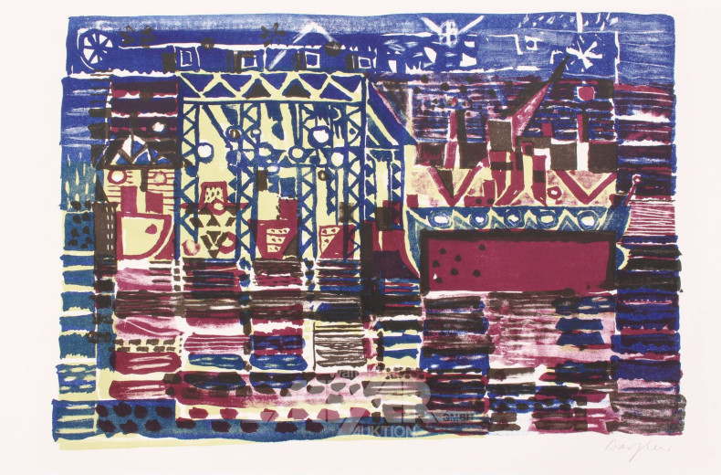 Farbithographie 'Werft bei Nacht'
