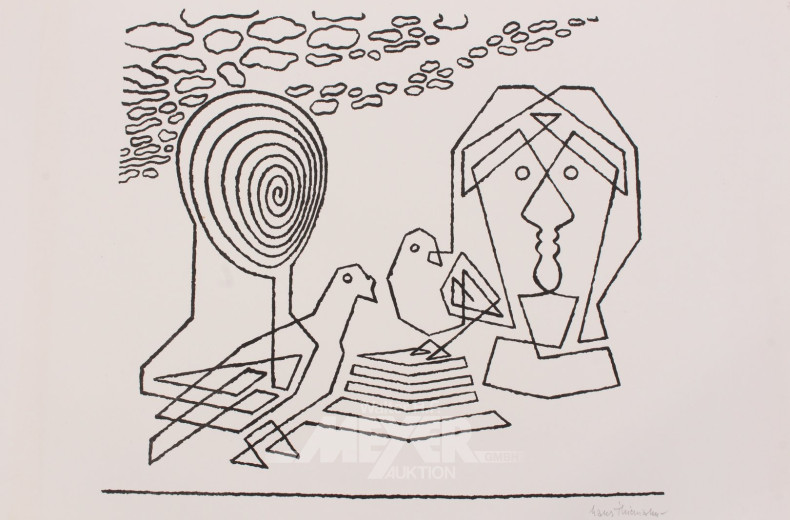 Lithographie 'Liebespaar mit Täubchen'