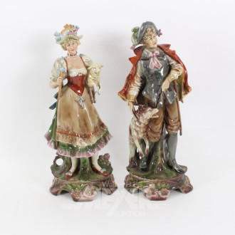 2 Porzellanfiguren 'Herr mit Hund' u. 'Dame mit Lamm'