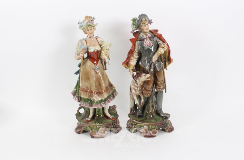 2 Porzellanfiguren 'Herr mit Hund' u. 'Dame mit Lamm'