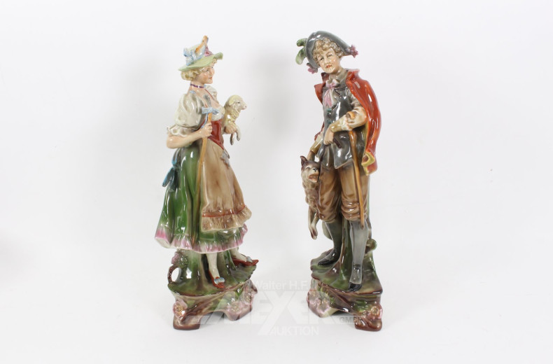 2 Porzellanfiguren 'Herr mit Hund' u. 'Dame mit Lamm'