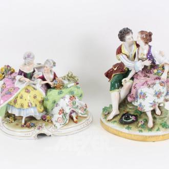 2 Porzellanfigurenpaare 'Liebespaar' u. 'Damen beim Lesen'