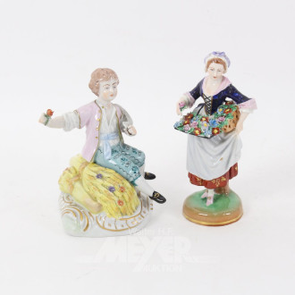 2 Porzellanfiguren 'Knabe mit Sichel u. Ernte' u. 'Blumenmädchen'
