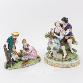 2 Porzellanfigurengruppen 'Liebespaar' u. 'Schäferpaar'