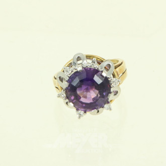 Damenring, besetzt mit 1 Amethyst, umgeben von 6 kl. Diamanten