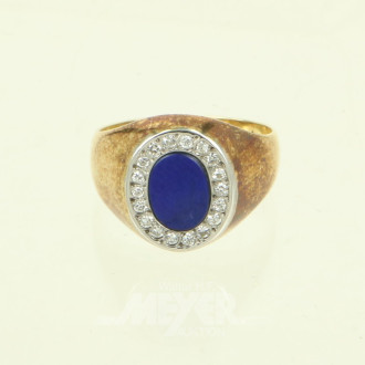 Ring, mit 1 Lapislazuli-Plättchen, umkranzt von kl. Brillanten,
