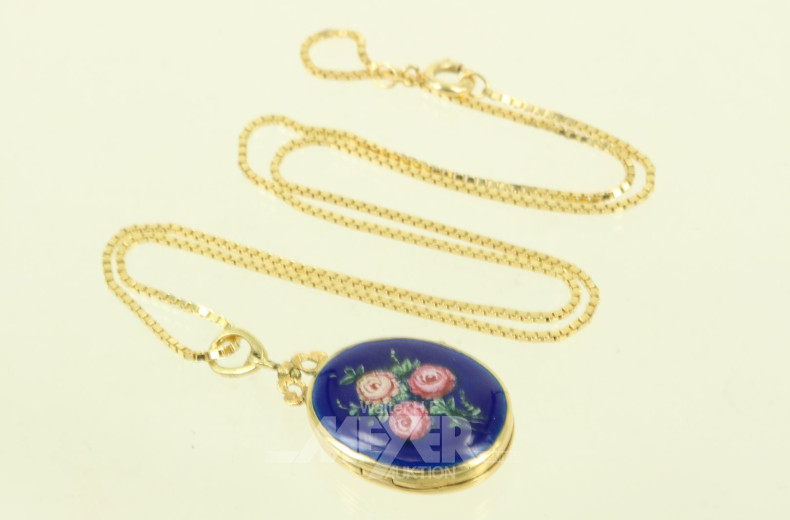 Kl. Medaillon, 750 GG, mit Emaille ‚Blumenbildnis‘, an Kette in 585 GG
