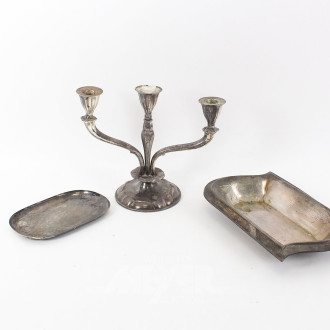 3 Teile Versilbertes: Kerzenleuchter, 3-flamming, 1 Schale u. 1 kl. Tablett
