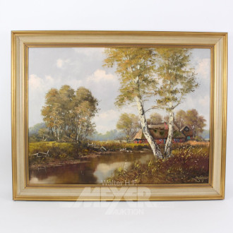 Gemälde "Bauernkate am Flusslauf mit Birke"