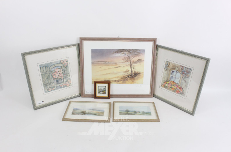 6 versch. Bilder / Grafiken "florale Fensteransichten u. Landschaften" u. Radierung "Frankfurt"