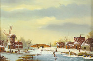 Gemälde 'Dorfansicht im Winter mit Eisläufer', 20. Jh.