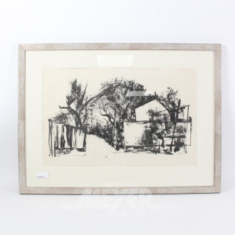 Lithographie "Haus mit Bäumen"
