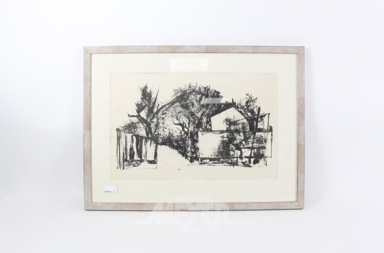 Lithographie "Haus mit Bäumen"