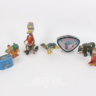 kl. Posten Vintage-Blechspielzeug: Ente auf Dreirad, Vogel, Clown, Bär, Affe,