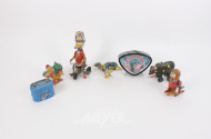 kl. Posten Vintage-Blechspielzeug: Ente auf Dreirad, Vogel, Clown, Bär, Affe,