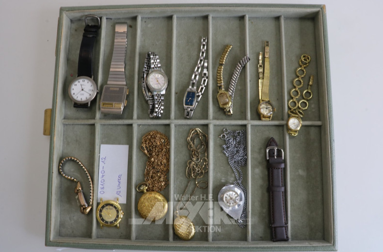 9 Damen- und Herrenarmbanduhren und 3 Anhängeruhren
