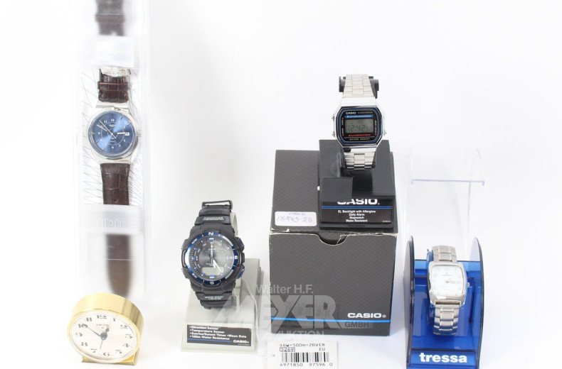 4 Herrenarmbanduhren u. 2 Reisewecker
