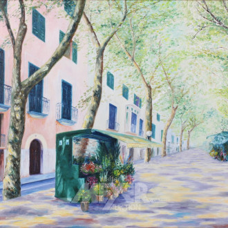 2 Gemälde 'Mediterrane Dorfansicht' u. 'kl. Blumenmarkt'
