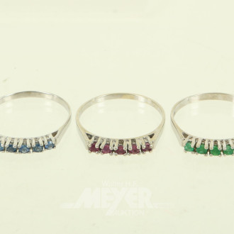 Ringset, best. aus 3 Ringen, Smaragd, Rubin, Saphir