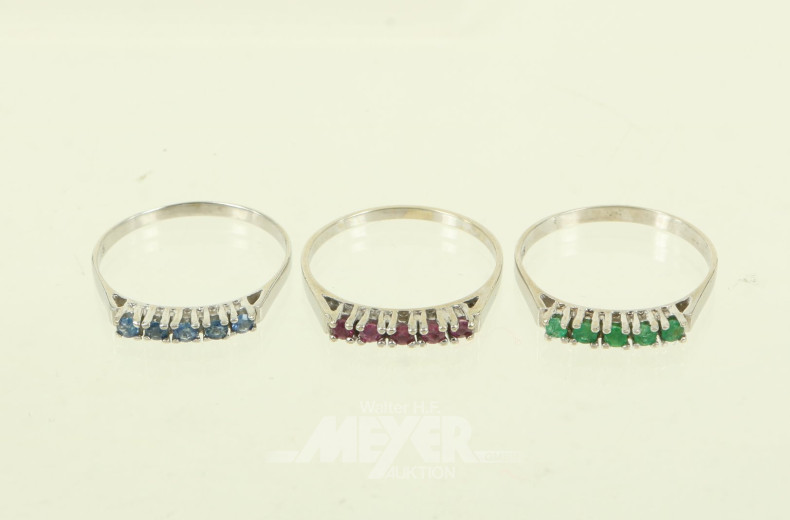 Ringset, best. aus 3 Ringen, Smaragd, Rubin, Saphir