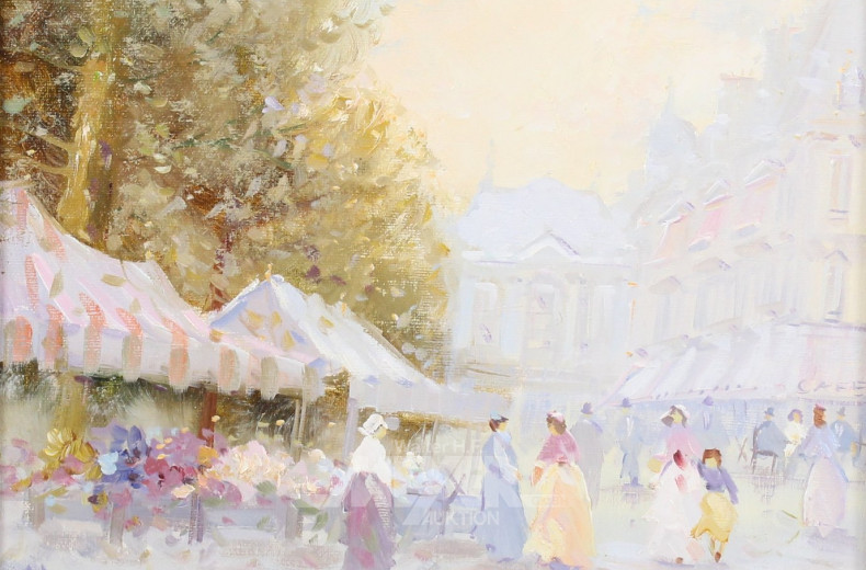 Gemälde "Marktszene in Pastelltönen"