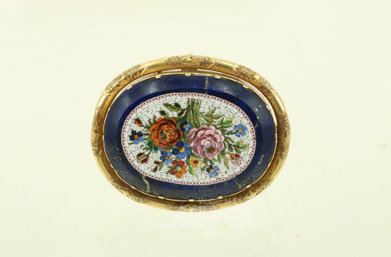 Exquisiter Broschenanhänger mit Mosaik-Blumenstillleben auf Lapislazuli