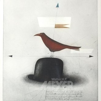 Farbradierung "Vogel auf Hut"