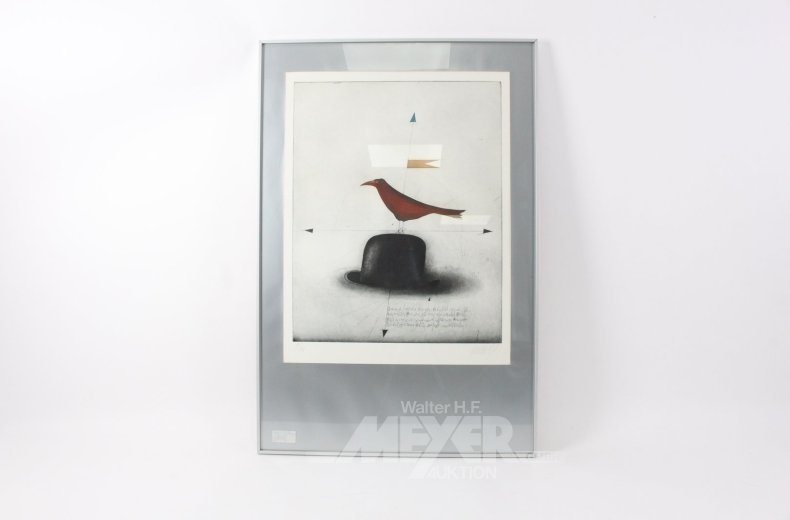 Farbradierung "Vogel auf Hut"