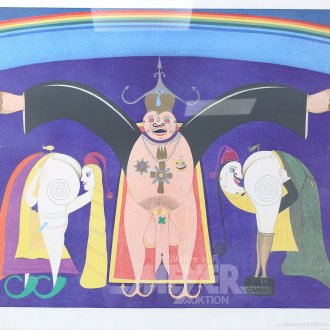 Farblithographie "Dämonischer Sexgott und Paar"