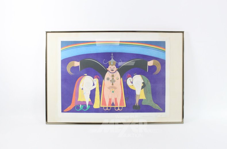 Farblithographie "Dämonischer Sexgott und Paar"