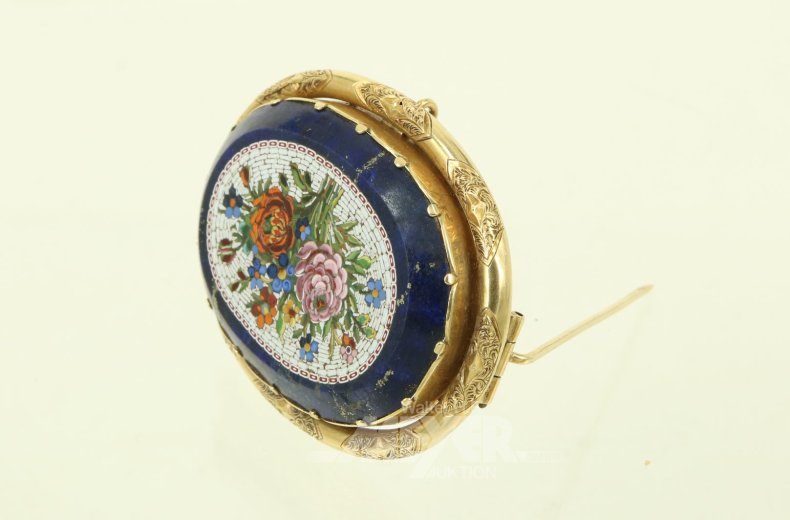 Exquisiter Broschenanhänger mit Mosaik-Blumenstillleben auf Lapislazuli