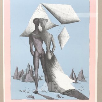 Farblithographie "Liebespaar mit Himmelskörpern"
