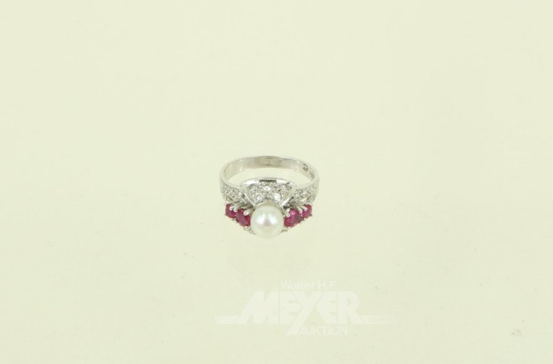 Ring mit Perle u. 4 kl. Rubinen